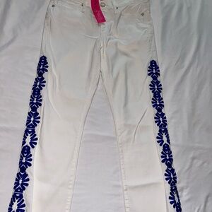 NWT Lilly Pulitzer South Ocean Lapis Embroidery Crop Flare white jeans sz8